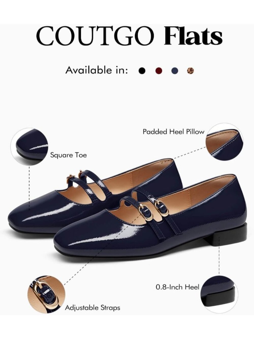 Women's Navy Faux Leather Square Toe Flats Double Strap Buckle Slip On Shoes - Picture 4 of 6